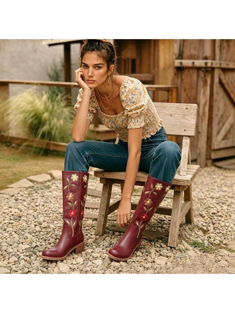 Women's Burgundy Floral Embroidered Western Mid Calf Square Heel Cowgirl Boots - Picture 2 of 6